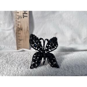 Vintage Usher Black Butterfly Brooch Pin Jet Black Rhinestones